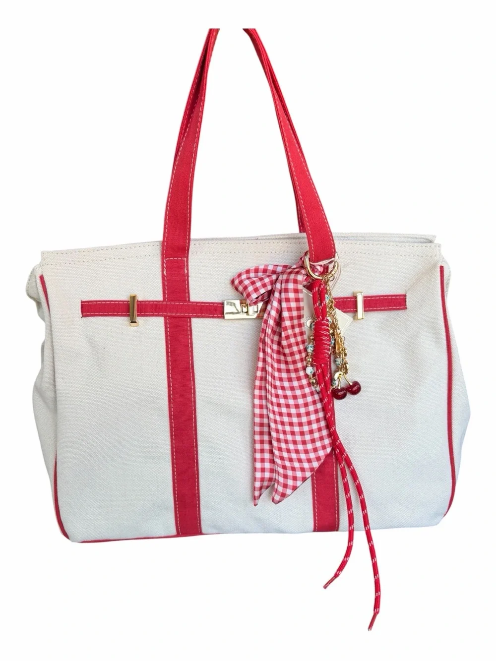 VIRAL Sol & Mer Red Canvas Tote with Scarf and Fruit Charms Vacation Style Bag - Picture 3 of 11